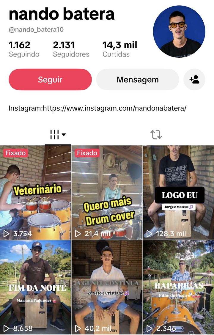 Perfil do Nando no TikTok, com vídeos tocando cajón e bateria